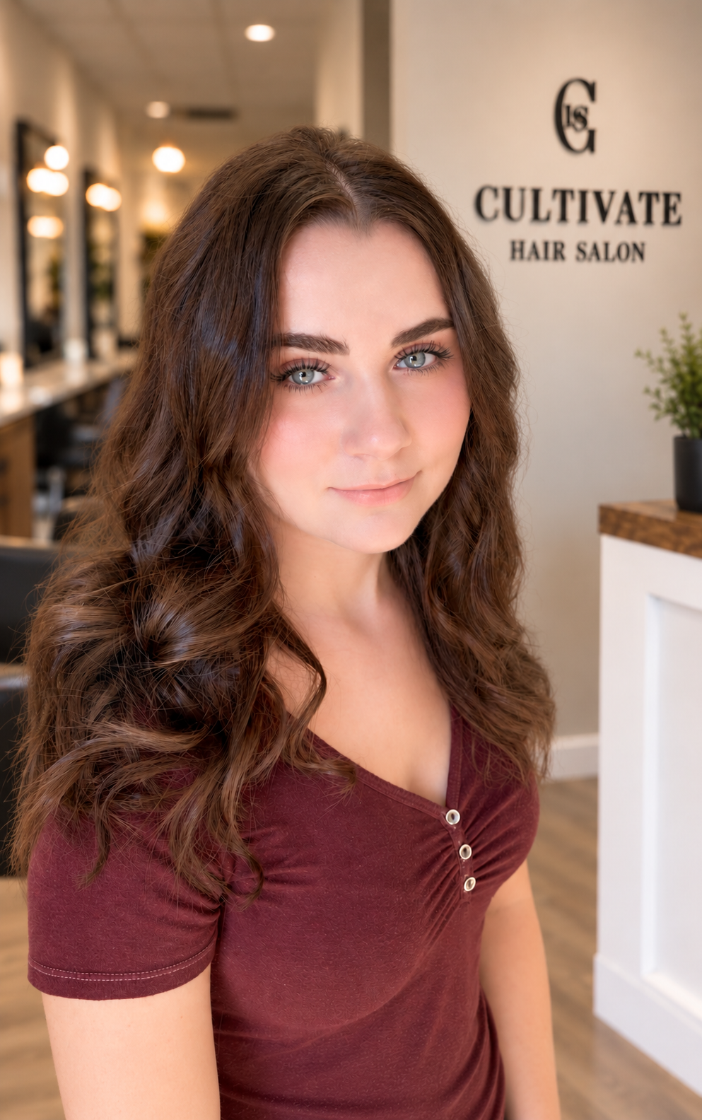 Long, glossy brunette hair styled in soft waves at Cultivate Hair Salon